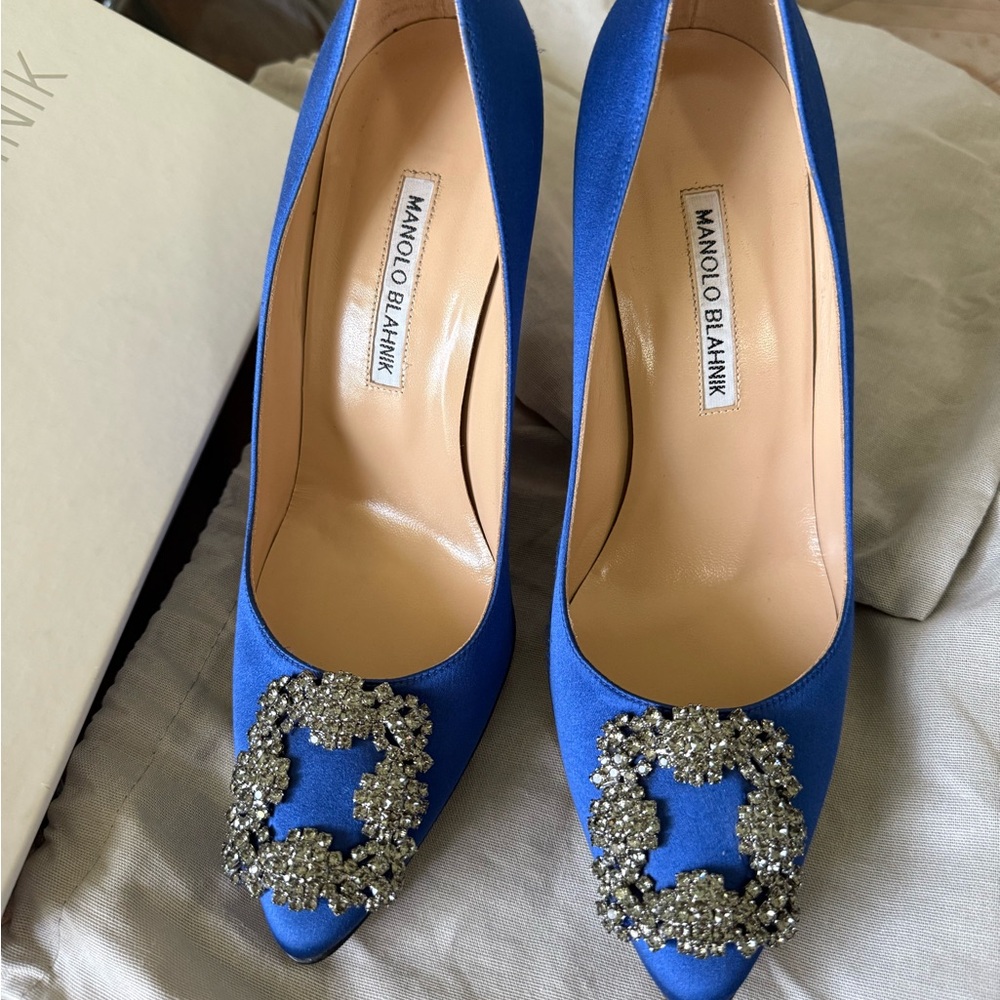 Manolo Blahnik Royal Blue Satin Pointed-Toe Crystal Buckle Pumps